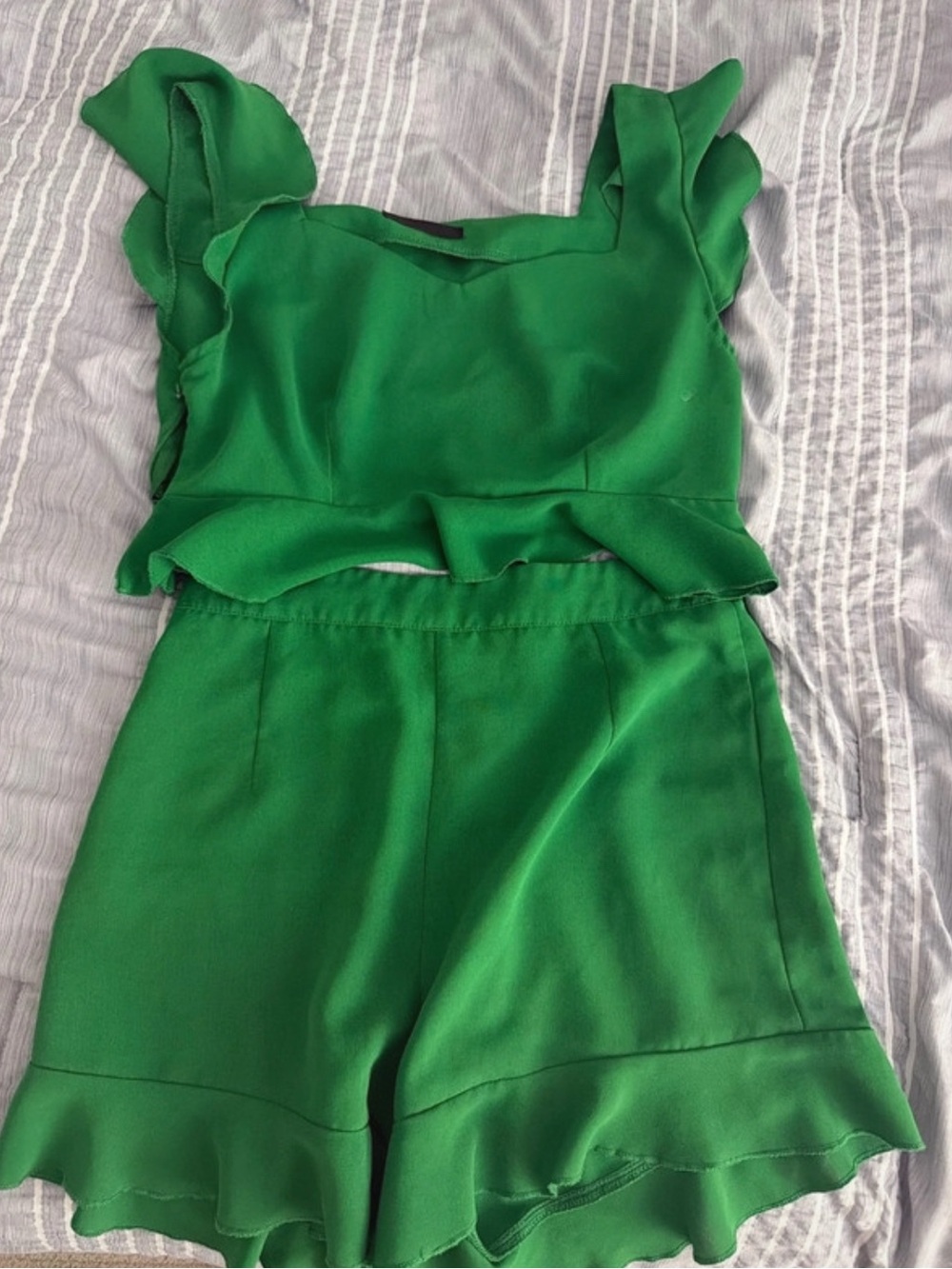 SHEIN Green Square-Neck Crop Top and short with Ruffle Hem